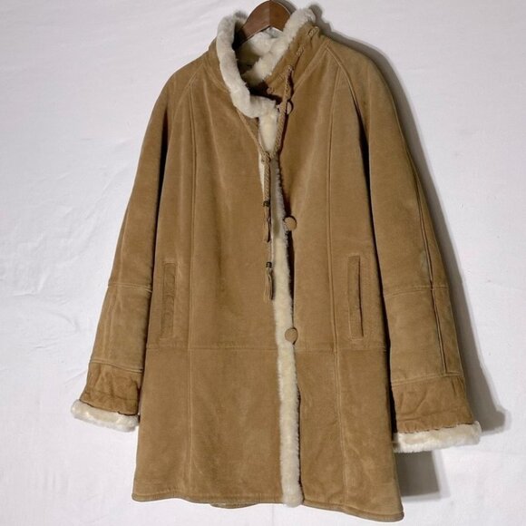 Gallery Leather Tan Suede Long Coat With Faux Sherpa Lining L - Picture 1 of 15